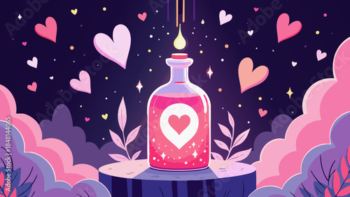 Love Potion Bottle in Pink and Purple with Magical Glow Vector Illustration