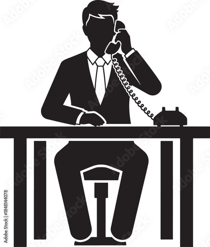 Man sitting at a desk and making a phone call, black and white silhouette icon