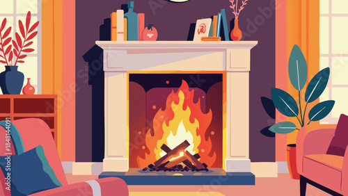 Cozy Fireplace Vector Illustration with Heart Design in Warm Living Room