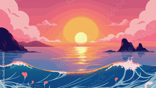 Romantic Sunset Over Ocean Vector Illustration with Vibrant Colors