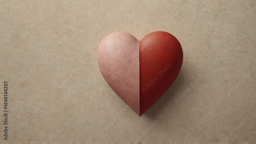 Fototapeta premium Two-tone red and pink heart on textured beige background