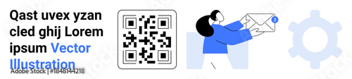 Digital communication, workflow optimization, technology integration, QR codes, modern messaging, and automation. QR code, gears and a person holding an envelope. Digital communication and workflow