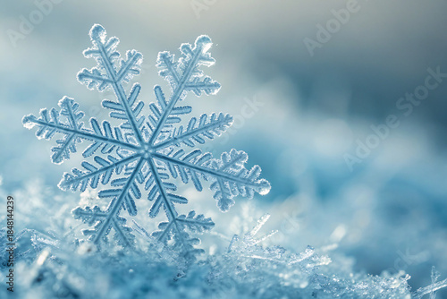 Macro close-up of a delicate snowflake resting on fresh snow, symbolizing Christmas, winter beauty, and the magic of the holiday season with a soft blue background.