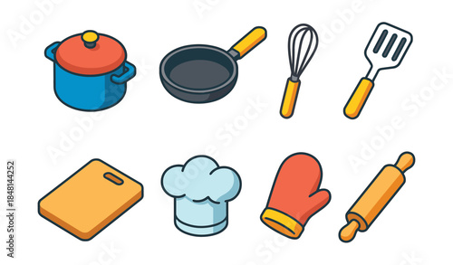 Kitchen utensils and accessories cartoon icons set