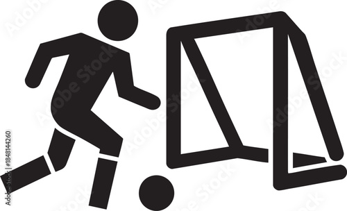 Soccer player icon kicking ball into goal, minimal football silhouette, sport training and scoring concept