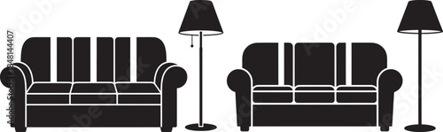 Two variations of a three-seater sofa and floor lamp silhouettes, perfect for interior design concepts
