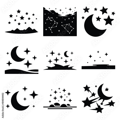 starry sky silhouette icon set