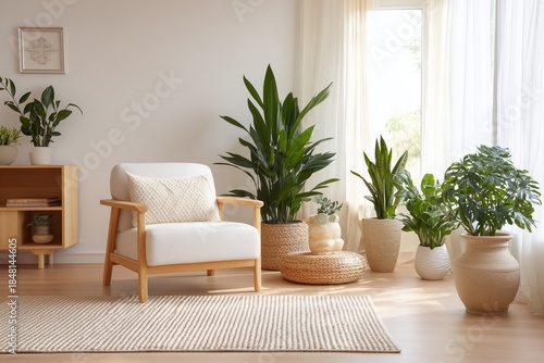 Modern living room with white armchair, wooden side table, and many house plants in pots beside large window with natural light and woven rug on wooden floor