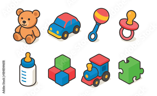 Baby items cartoon illustration set