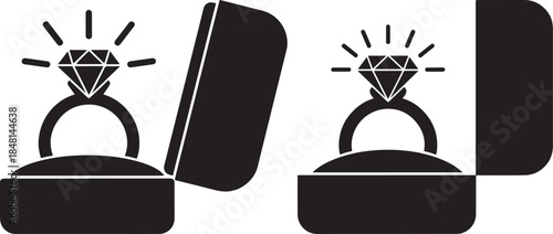 A black and white vector illustration of an engagement ring in an open box