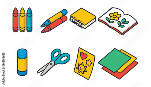 Art and craft supplies cartoon illustrations set