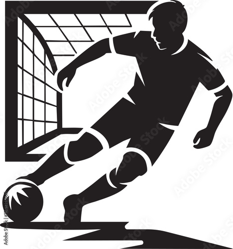 Soccer player silhouette kicking ball in front of goal, football action, sport competition and scoring concept