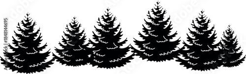 Black silhouette of fir trees isolated on white background