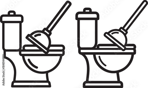 Simple line art icon of a toilet with a plunger, symbolizing unclogging and plumbing service.