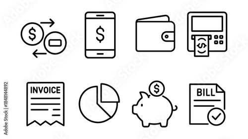 Financial black and white line icons set