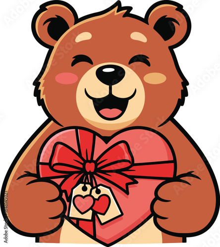 Adorable brown bear holding heart shaped gift on Valentine's Day