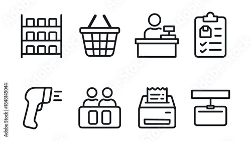 Retail and grocery shopping line icons set