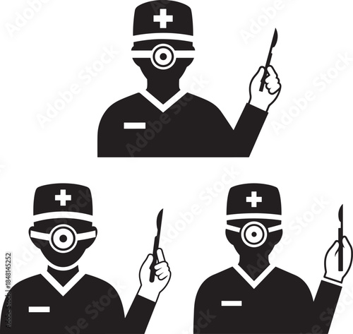 Minimalist black and white icons of a surgeon holding a scalpel, representing the medical profession