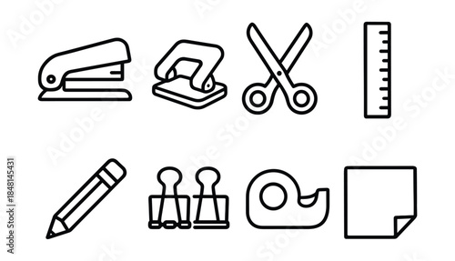 Office supplies line icons set