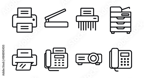 Office equipment line icons set