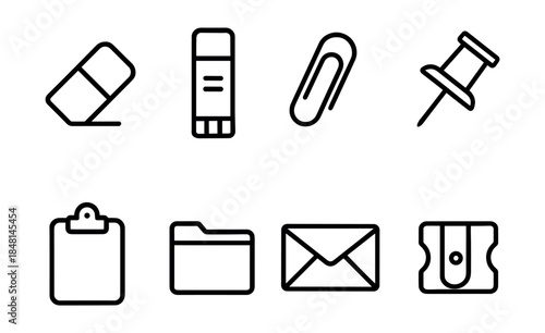 Office supplies line icons set