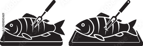 Silhouette icon of a whole raw fish on a cutting board with a fork stuck in it, ready for cooking
