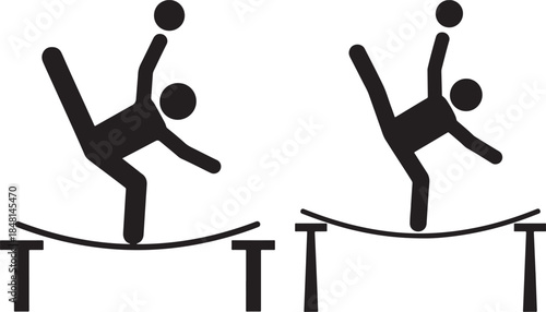 Silhouette of an acrobat balancing on a high wire with one leg raised and holding a ball