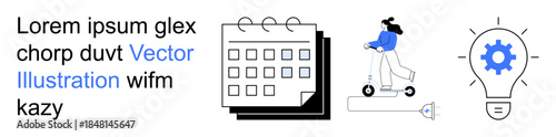 Time management, transportation, innovation, daily planning, creative thinking, mobility solutions. Calendar, person on an electric scooter and light bulb with a gear inside. Time management