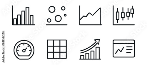 Data visualization and analytical tools line icons set