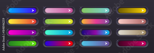 Set of Colorful Glossy 3D UI Buttons for Game and Web Design, Modern Glass Style Interface Elements with Arrows, Editable AI file