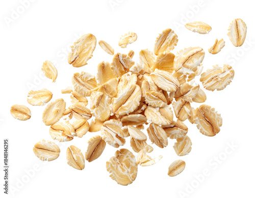 Fallende Haferflocken isoliert auf weißem Hintergrund