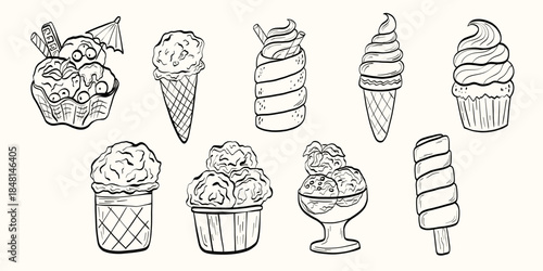 Ice cream set with cones, scoops and desserts in clean line art. Sweet food icon for menus, packaging, branding and recipe illustrations
