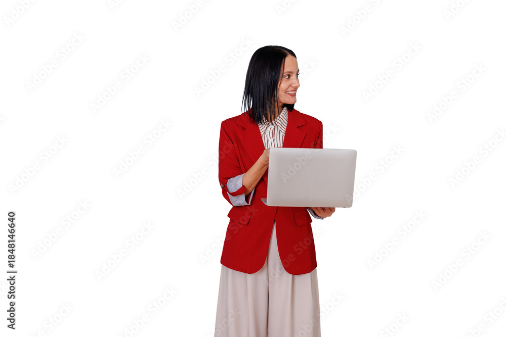 Obraz premium Professional woman holding modern laptop, presenting content, smiling and looking away on a transparent background