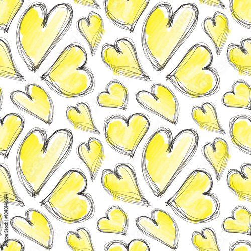 Watercolor valentine yellow heart seamless pattern.  Symbol of love, Valentines's day. For fabric, paper, wrapping, card, print, skirt, scarf, decor.