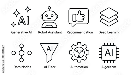 Artificial intelligence and technology line icons set