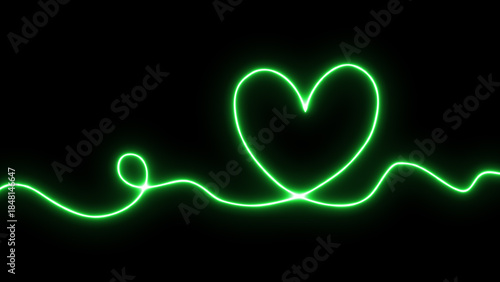 Abstract glowing neon green heart and continuous wavy line on black background, symbolizing modern love, health, and digital connection.