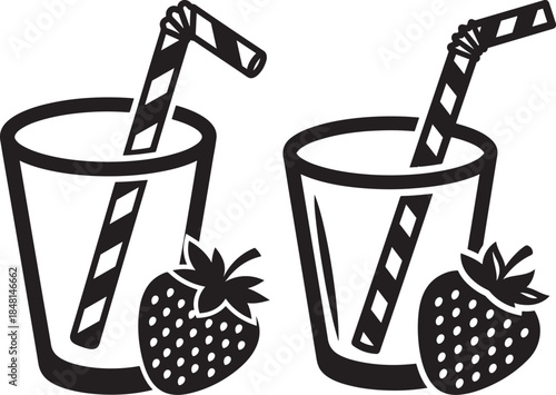 Simple illustration of two strawberry drinks with striped straws and fresh fruit