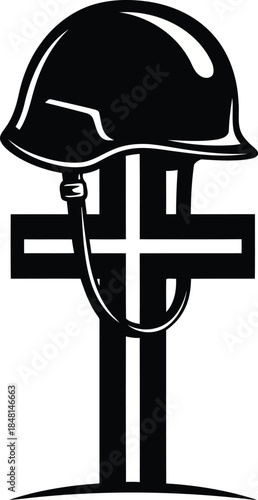 Black and white illustration of a military helmet on a cross