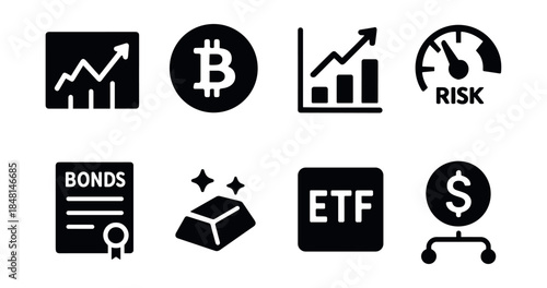 Finance and Investment Black and White Icon Set