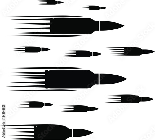 Black bullet icons with motion blur streaks on white background