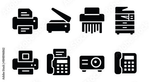 Office equipment black and white icons set