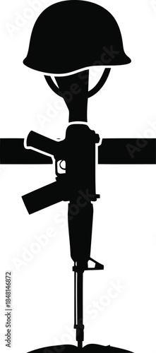 Black silhouette of a fallen soldier memorial with rifle and helmet