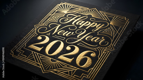 Elegant Happy New Year 2026 card with gold Art Deco design