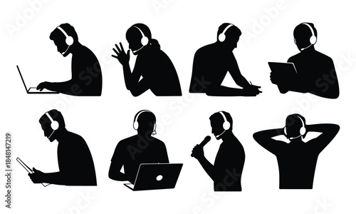 Silhouettes of Headset Users in Remote Work and Support Roles