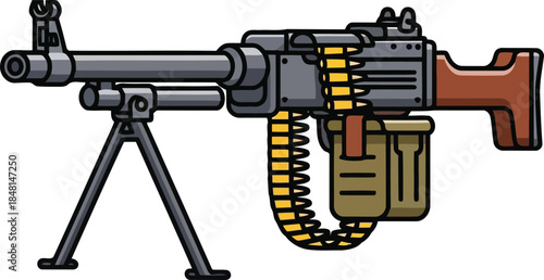 Cartoon machine gun with ammunition belt and bipod