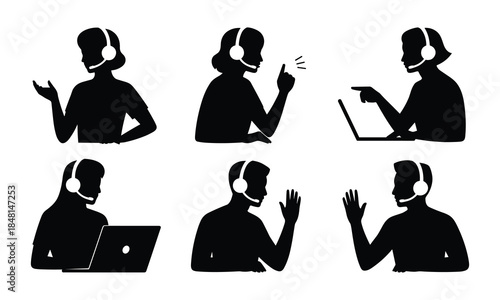 Silhouettes of Headset Users in Remote Work and Support Roles