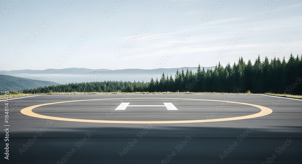 Fototapeta premium Helipad Runway on a Mountain Clearing Surrounded by Forests and Distant Mountain View