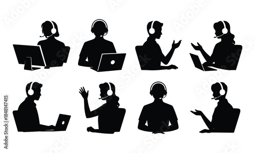 Silhouettes of Headset Users in Remote Work and Support Roles