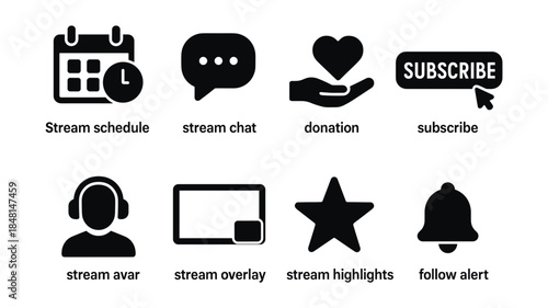 Streaming platform black icons set