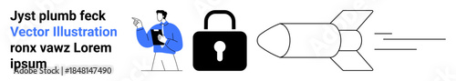 Online safety, technology, encryption, privacy solutions, innovation, protection. Person pointing, padlock security rocket innovation. Online safety and technology concept